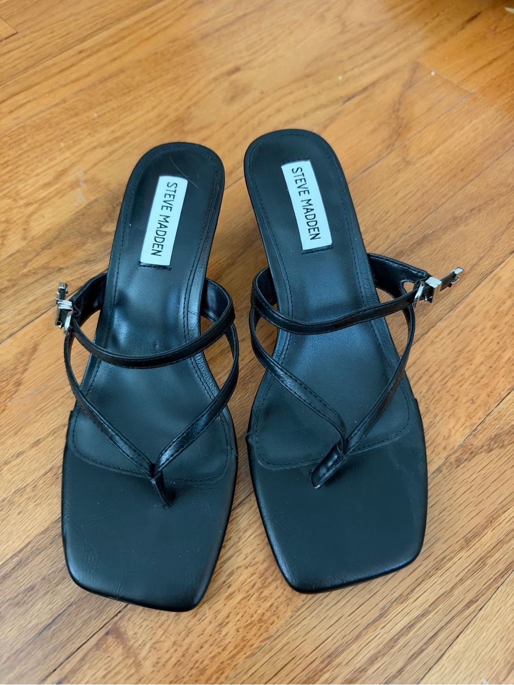 Steve Madden Black Strappy Square-Toe Kitten Heeled Sandals